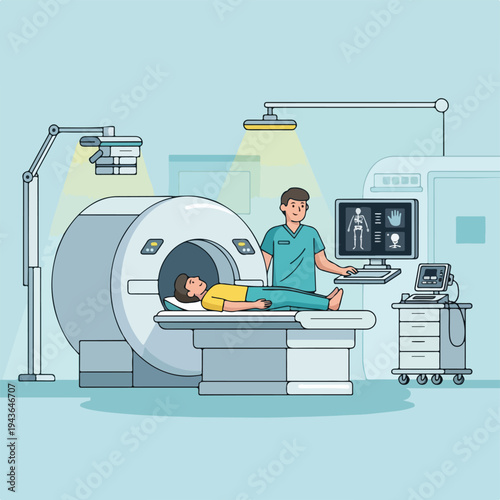 Illustration of a medical procedure. Person is in a CT scanner
