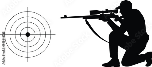Sniper silhouette aiming rifle at target board, tactical marksman isolated on light background, precision shooting and military training concept vector illustration