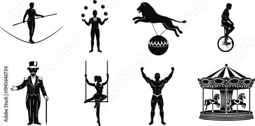 Circus performers silhouettes set acrobat tightrope walker juggler lion trainer unicycle carousel vector illustration carnival entertainment collection