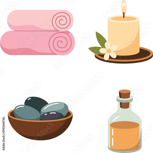 Spa Wellness Icons Set with Towels, Candle, Massage Stones and Essential Oil Bottle, Relaxation Therapy Vector Illustration for Beauty and Self Care Design