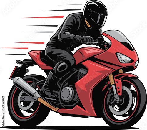 Sport motorcycle rider illustration with red superbike and helmeted biker speeding isolated on white background for racing, motorsport branding and transport design