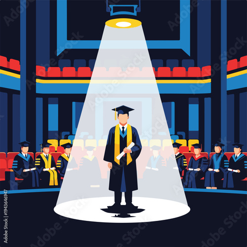 Graduate in spotlight on stage during ceremony, surrounded by peers