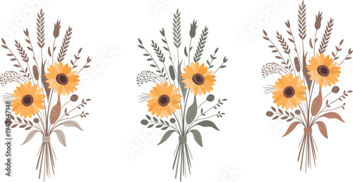 Sunflower Bouquet Set with Wheat and Wildflowers, Rustic Hand Drawn Floral Vector Illustration for Autumn Wedding Decor, Farmhouse Botanical Design Collection