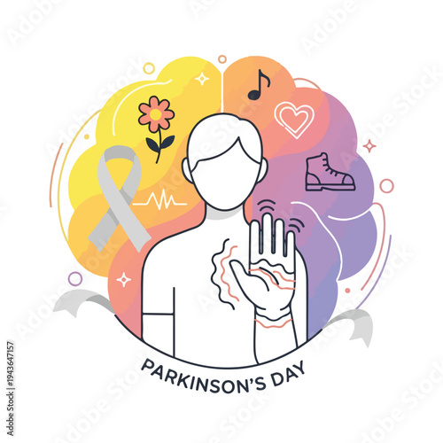 Illustration of a person with symbols of Parkinson's and colorful background