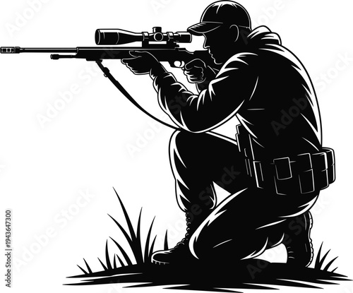 WebTactical sniper aiming rifle in kneeling position, military soldier silhouette with scope, special forces combat concept, black and white vector illustration