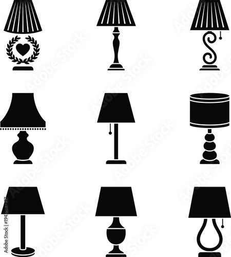Modern and vintage table lamp silhouette icon set with decorative lampshades lighting elements for home interior decor vector
