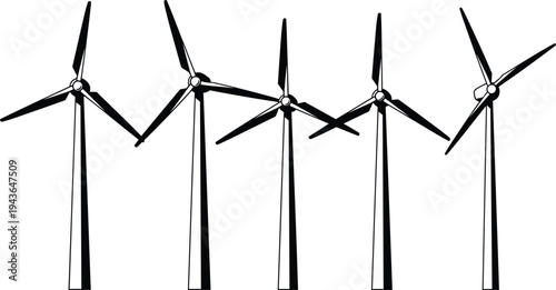 Vector black family silhouette jumping children dog breeds and human head profile set with wind turbine icons isolated on white background for sustainable community.