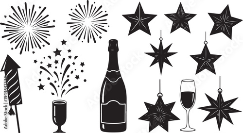 New Year's Eve Celebration Icons and Fireworks Silhouettes