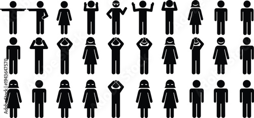 Vector black family silhouette jumping children dog breeds and human head profile set with stick figure icons isolated on white background for community concept.