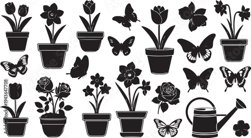 Black and white flower pot butterfly garden icons set