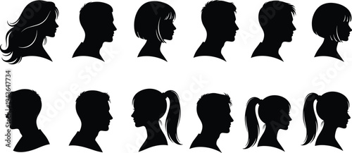 Vector black family silhouette jumping children and human head profile set with father mother and kids walking together isolated on white background for community concept.