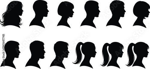 Vector black family silhouette jumping children and human head profile set with father mother and kids walking together isolated on white background for community concept.