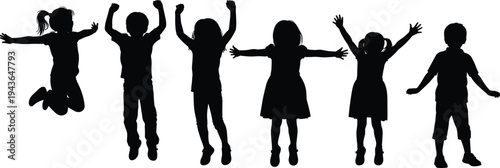 Vector black family silhouette and happy jumping children set with father mother and kids walking together isolated on white background for community parenting concept.