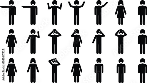 Large collection of human stick figure silhouettes showing different emotions and gestures like pointing hands over head and waving for social communication and reaction concept.
