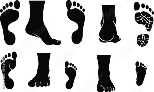 Human Footprint and Foot Silhouettes Collection Including Bare Feet, Shoe Prints and Walking Tracks Isolated on White Background Vector Illustration