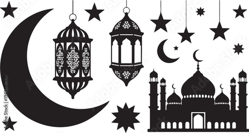 Ramadan Kareem Islamic Silhouette with Lanterns and Mosque Illustration