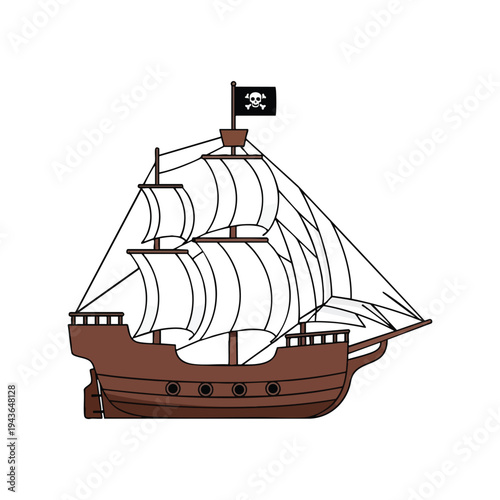 Brown sailing ship with white sails and a skull and crossbones flag