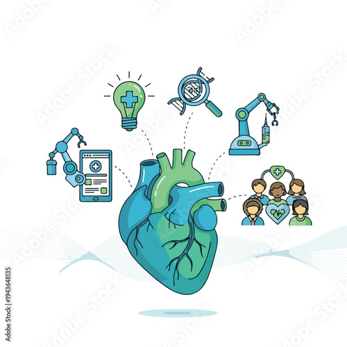 Medical concept showing heart connected with ideas of healthcare, science, and people