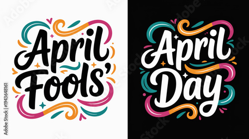 Colorful april fools' and april day typography designs on white and black backgrounds