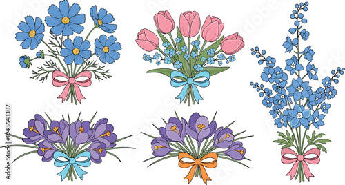 Spring Flower Bouquets Collection with Tulips, Forget Me Nots, Crocus and Blue Delphinium Floral Arrangements Vector Illustration Set