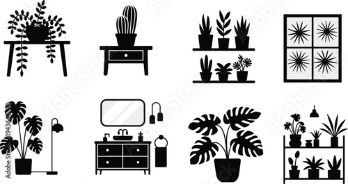 Indoor houseplant silhouette collection with furniture elements, potted plants, shelves, window and home decor icons for interior design vector illustration