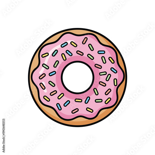 A single, round, pink-frosted donut with a hole in the middle and multi-colored sprinkles