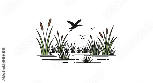 a bird flies over cattails and water.
