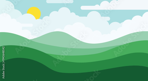 Minimalist landscape featuring rolling green hills, clouds, and a sun