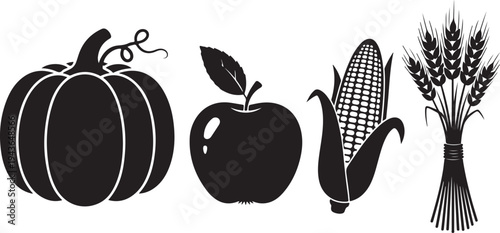 Autumn harvest icons including pumpkin, apple, corn, and wheat