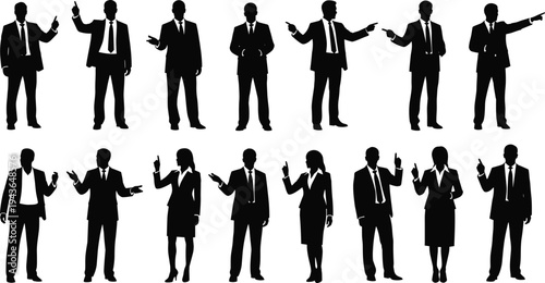 Collection of professional business men and women silhouettes standing in various pointing and presentation poses wearing formal office suits isolated on a white background