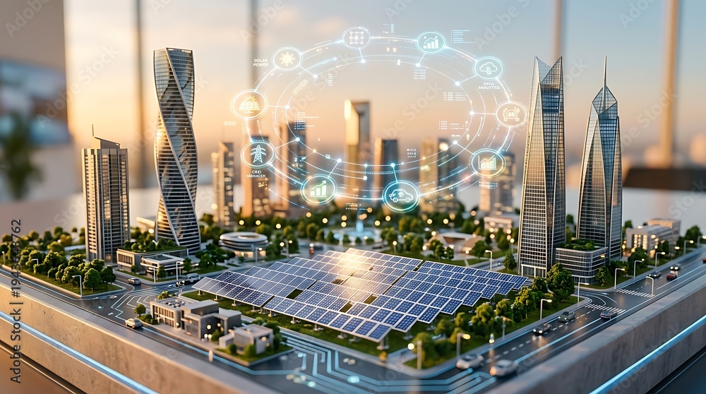 Fototapeta premium Smart city model with solar panels and digital connectivity representing urban renewable energy and sustainable technology for futuristic urban development