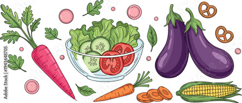 Fresh Vegetables Collection with Carrot, Eggplant, Corn, Lettuce and Tomato Healthy Organic Food Ingredients Vector Illustration Set