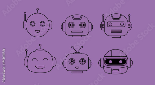 Six stylized cartoon robots arranged in a line on a purple background for a futuristic technology themed image.