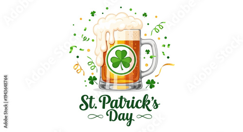 A festive St. Patrick's Day illustration featuring a foamy beer mug with a shamrock symbol, surrounded by green decorations and confetti on a celebratory background.