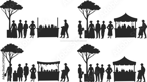Vintage street market silhouettes with Victorian people, outdoor vendor stalls, shoppers and trees, retro marketplace scene, antique lifestyle illustration isolated design