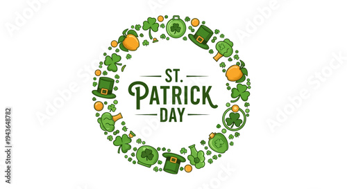 A vibrant St. Patrick's Day celebration illustration featuring a shamrock symbol, leprechaun folklore elements, and green color palette on a white background, conveying Irish heritage and