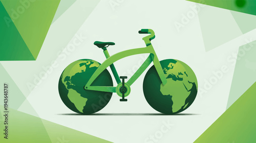 Eco friendly bicycle with globe wheels on green background symbolizing sustainable transportation and environmental awareness