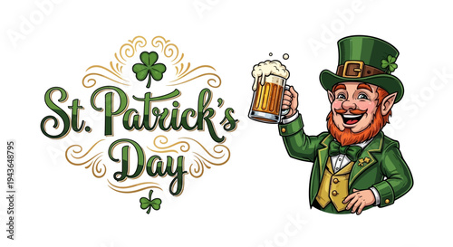 A cheerful leprechaun in a green coat and hat holds up a beer in a festive St. Patrick's Day illustration with a shamrock symbol and decorative text on a white background.