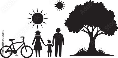 Family Silhouette with Bicycle Under Sunny Afternoon Sky