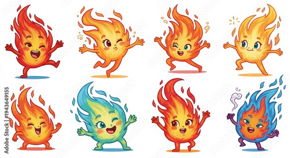 Fototapeta premium Joyful Cartoon Flames with Various Expressions and Characters