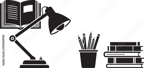 Study desk with lamp, books, and stationery supplies illustration