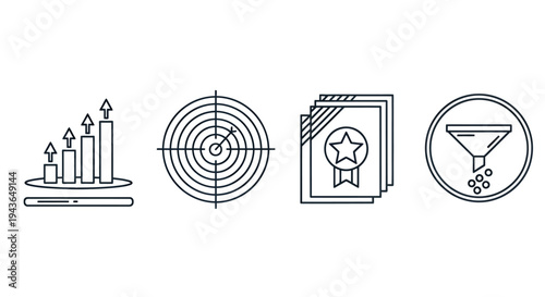 Business growth indicators including growth, targeting, certification, and marketing funnel concepts for strategy and success.
