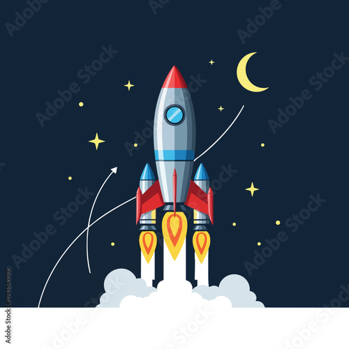 A silver rocket with red fins blasts off into a starry, dark blue night sky