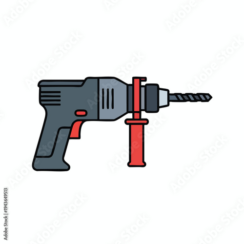 A grey and red power drill with a drill bit and auxiliary handle is on a white background