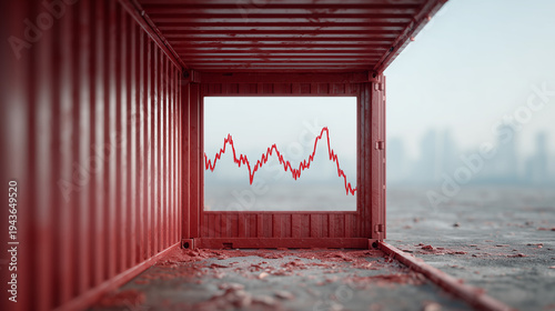 Financial Downturn within a Container: Inside a stark red shipping container, a graph depicts a plunging financial trajectory, symbolizing the challenging times ahead.