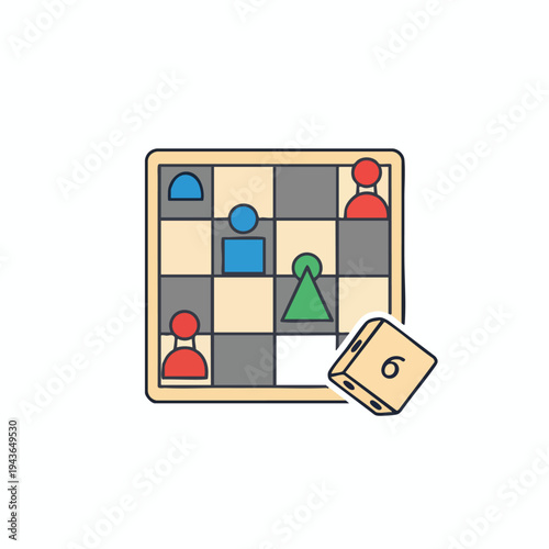 A colorful illustration of a board game with pawns and a die