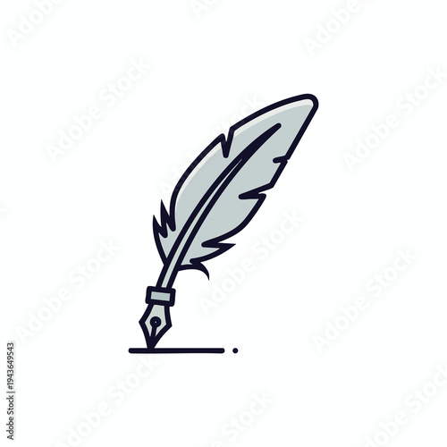 A grey quill pen with a black tip is writing on a white surface