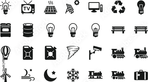 Comprehensive black icon set featuring renewable energy solar panels wind turbines industrial symbols transport logistics weather signs and household appliances for professional web design vector.