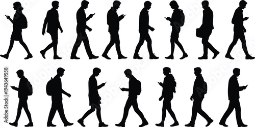 People walking with smartphones silhouettes modern urban pedestrians using mobile phone vector illustration city lifestyle communication technology collection