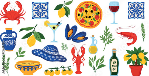 PrintMediterranean Food and Coastal Elements Collection with Pizza, Seafood, Wine, Lemons, Ceramic Tiles and Italian Cuisine Vector Set